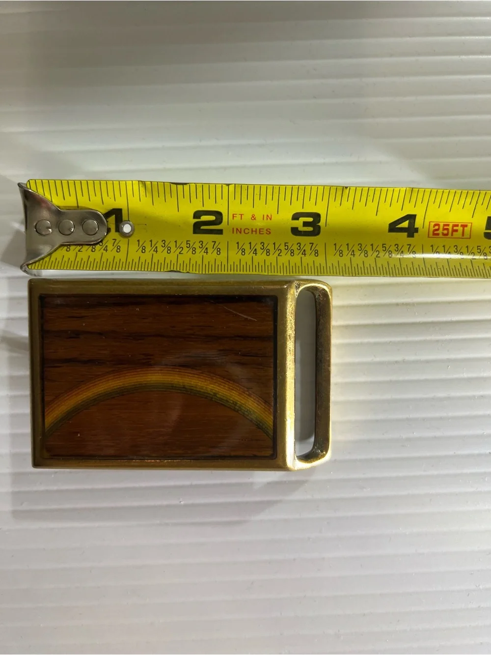Vintage Tech-Ether Guild solid, brass wood inlay belt buckle